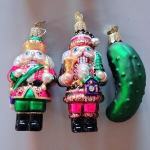 OWC Christmas Ornaments Set Nutcracker, Santa, Pickle Glass Decorations Vintage